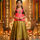 Kids pattu pavadai set with coral pink top and gold bridal silk skirt from Sri Thulir Tex