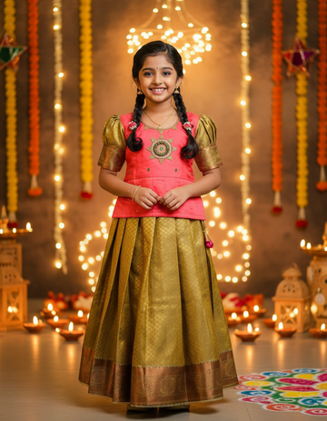 Kids pattu pavadai set with coral pink top and gold bridal silk skirt from Sri Thulir Tex
