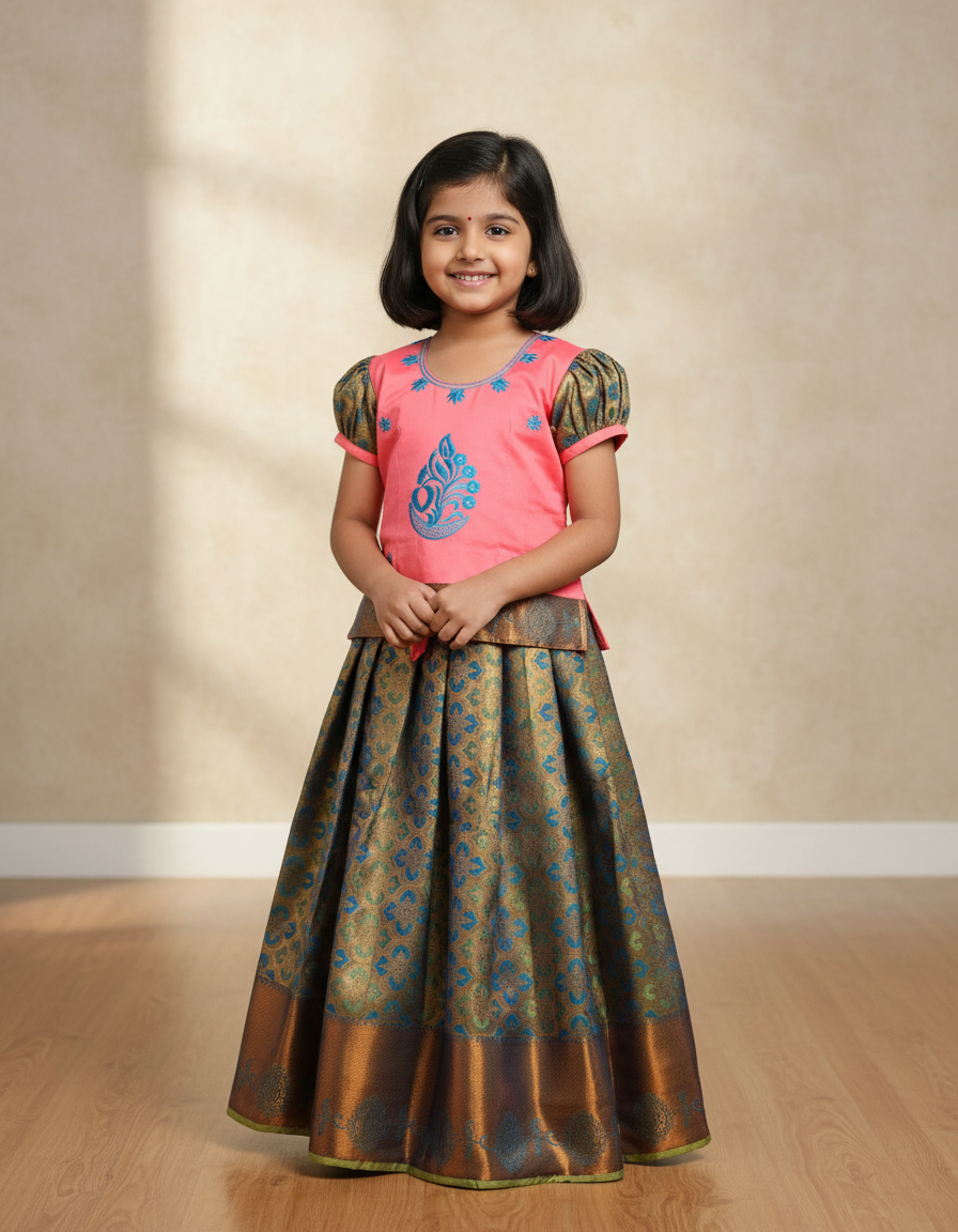 Kids pattu pavadai set with coral pink semi-silk top and teal blue bridal silk skirt by Sri Thulir Tex