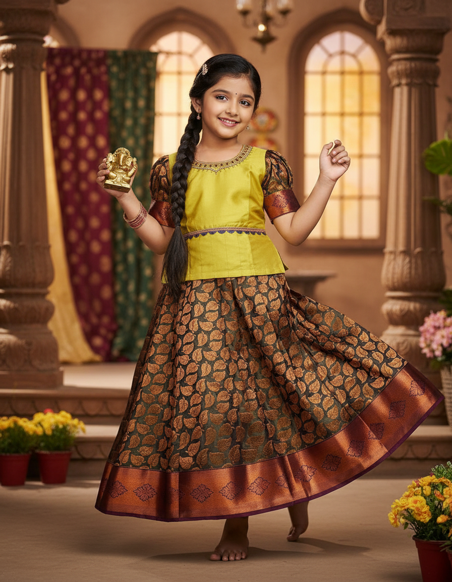 Kids green top with copper leaf design bridal silk skirt pattu pavadai set – Sri Thulir Tex