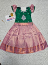 Kids green and lavender pattu pavadai set with puff sleeve blouse and zari silk skirt from Sri Thulir Tex