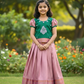 Kids green and lavender pattu pavadai set with puff sleeve blouse and zari silk skirt from Sri Thulir Tex