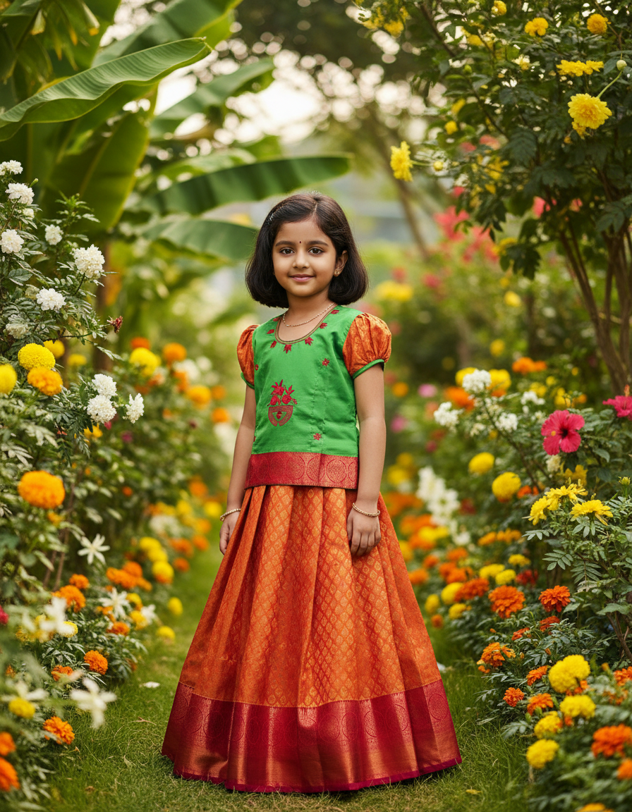 Kids green and orange pattu pavadai set with puff sleeve blouse and zari skirt from Sri Thulir Tex
