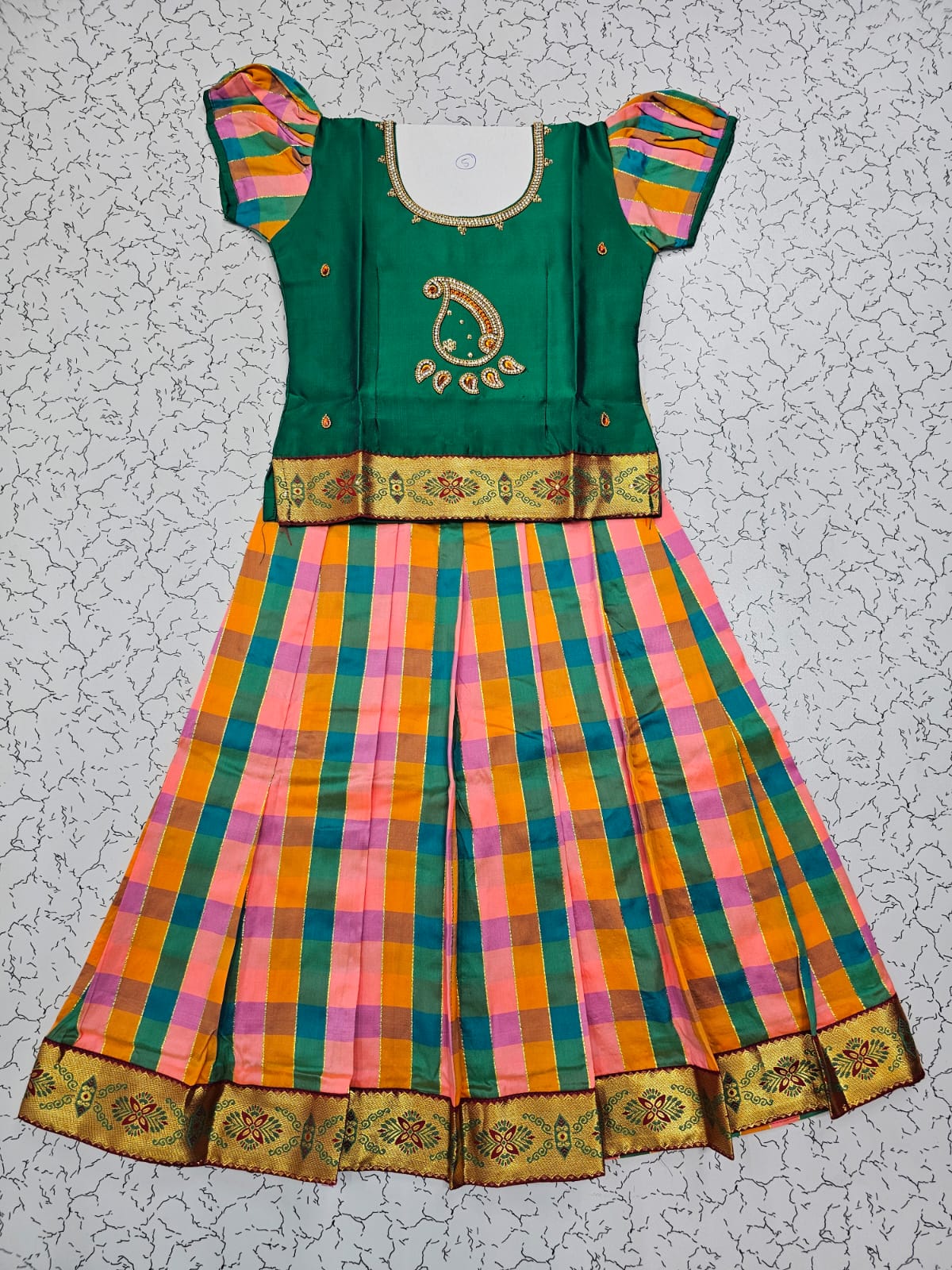 Kids green top with pink orange teal Palum Palam checked skirt pattu pavadai – Sri Thulir Tex