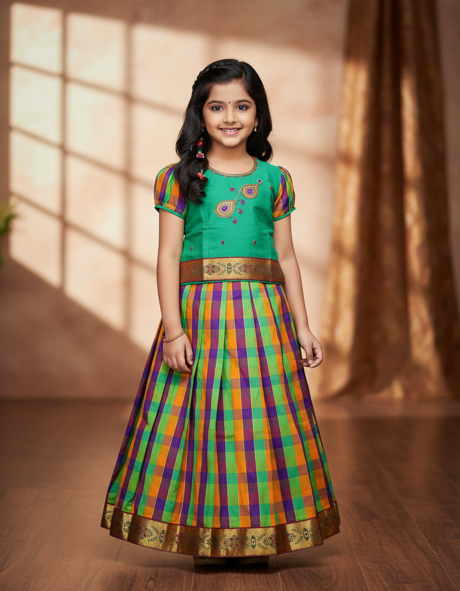 Kids green top with traditional Palum Palam checked skirt pattu pavadai – Sri Thulir Tex