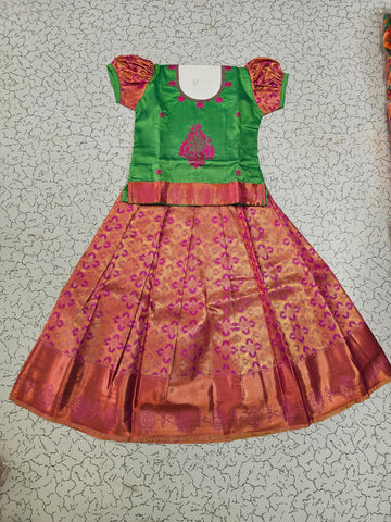 Kids green and pink pattu pavadai set with puff sleeves and zari silk skirt from Sri Thulir Tex