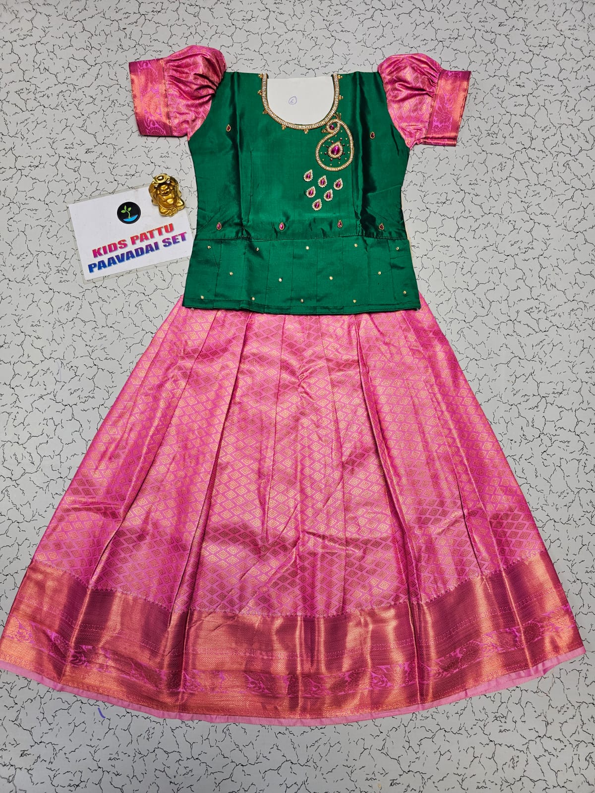 Kids Pattu Pavadai Set in Green Top and Pink Silk Skirt – Traditional South Indian Dress