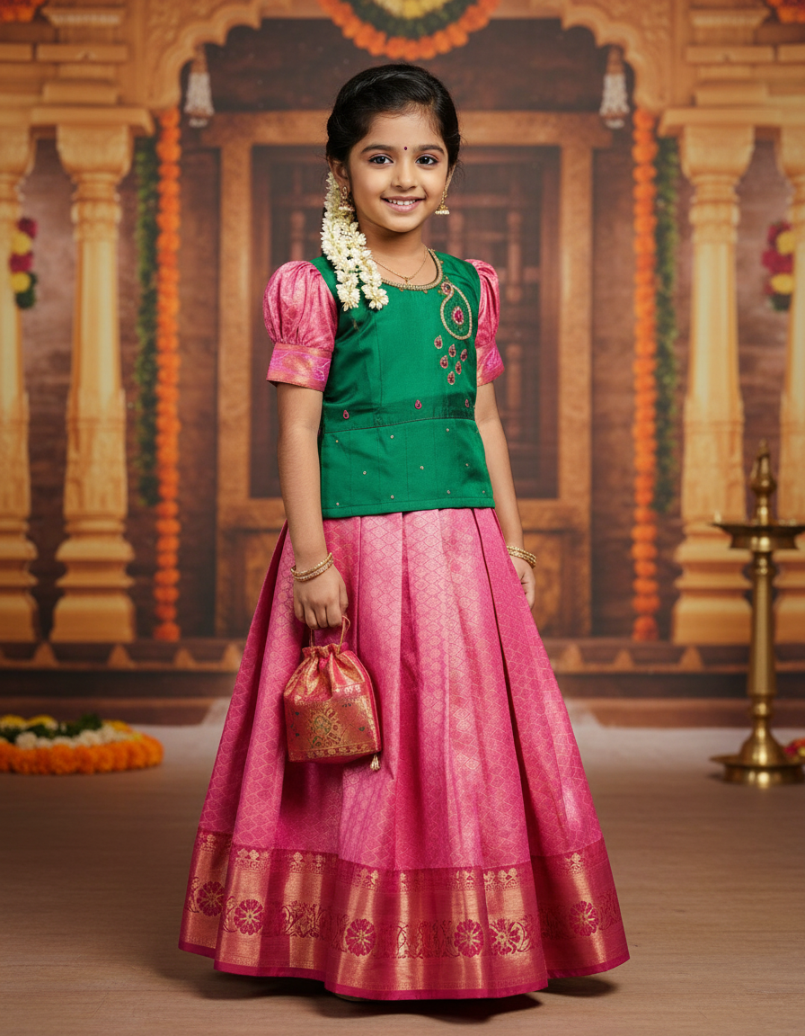 Kids Pattu Pavadai Set in Green Top and Pink Silk Skirt – Traditional South Indian Dress