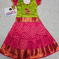 Kids green and pink pattu pavadai set with puff sleeve blouse and zari silk skirt from Sri Thulir Tex