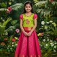 Kids green and pink pattu pavadai set with puff sleeve blouse and zari silk skirt from Sri Thulir Tex