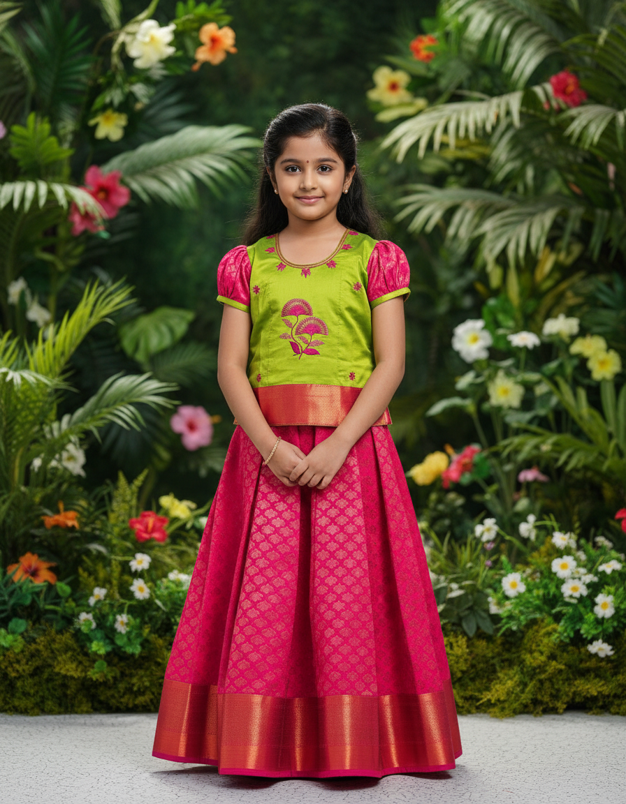 Kids green and pink pattu pavadai set with puff sleeve blouse and zari silk skirt from Sri Thulir Tex
