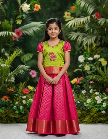 Kids green and pink pattu pavadai set with puff sleeve blouse and zari silk skirt from Sri Thulir Tex