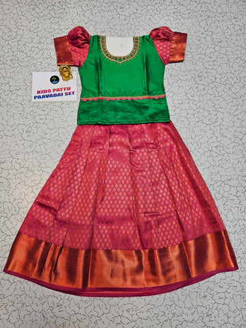 Kids Green and Pink Pattu Pavadai Set with Semi Silk Top and Bridal Silk Skirt – Traditional South Indian Dress