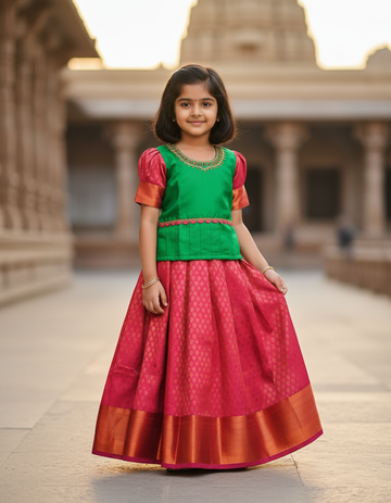 Kids Green and Pink Pattu Pavadai Set with Semi Silk Top and Bridal Silk Skirt – Traditional South Indian Dress