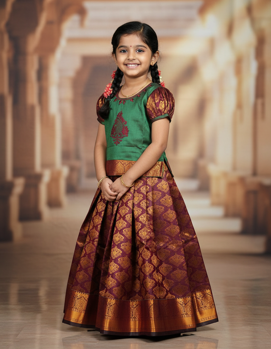 Kids green top and maroon bridal silk pattu pavadai set – Sri Thulir Tex