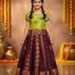 Kids green top and maroon emboss skirt pattu pavadai set – Sri Thulir Tex
