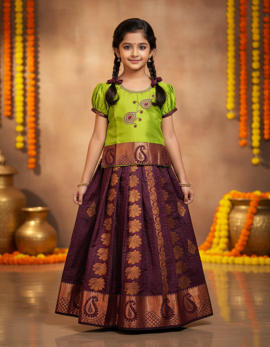 Kids green top and maroon emboss skirt pattu pavadai set – Sri Thulir Tex