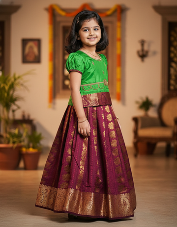 Kids Pattu Pavadai set with green top and maroon zari woven skirt from Sri Thulir Tex.
