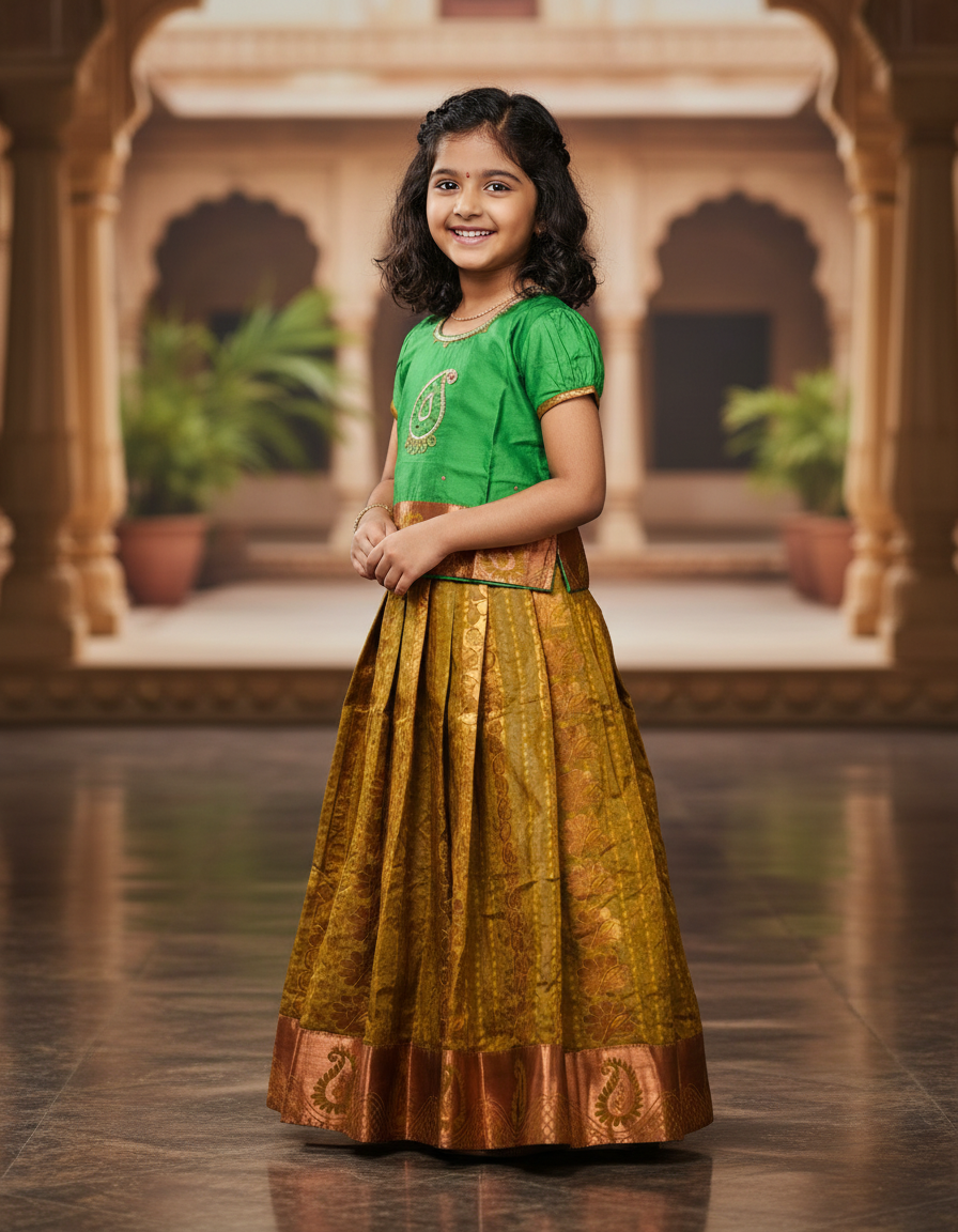 Kids Pattu Pavadai set with green stone-work top and mustard zari woven skirt from Sri Thulir Tex.