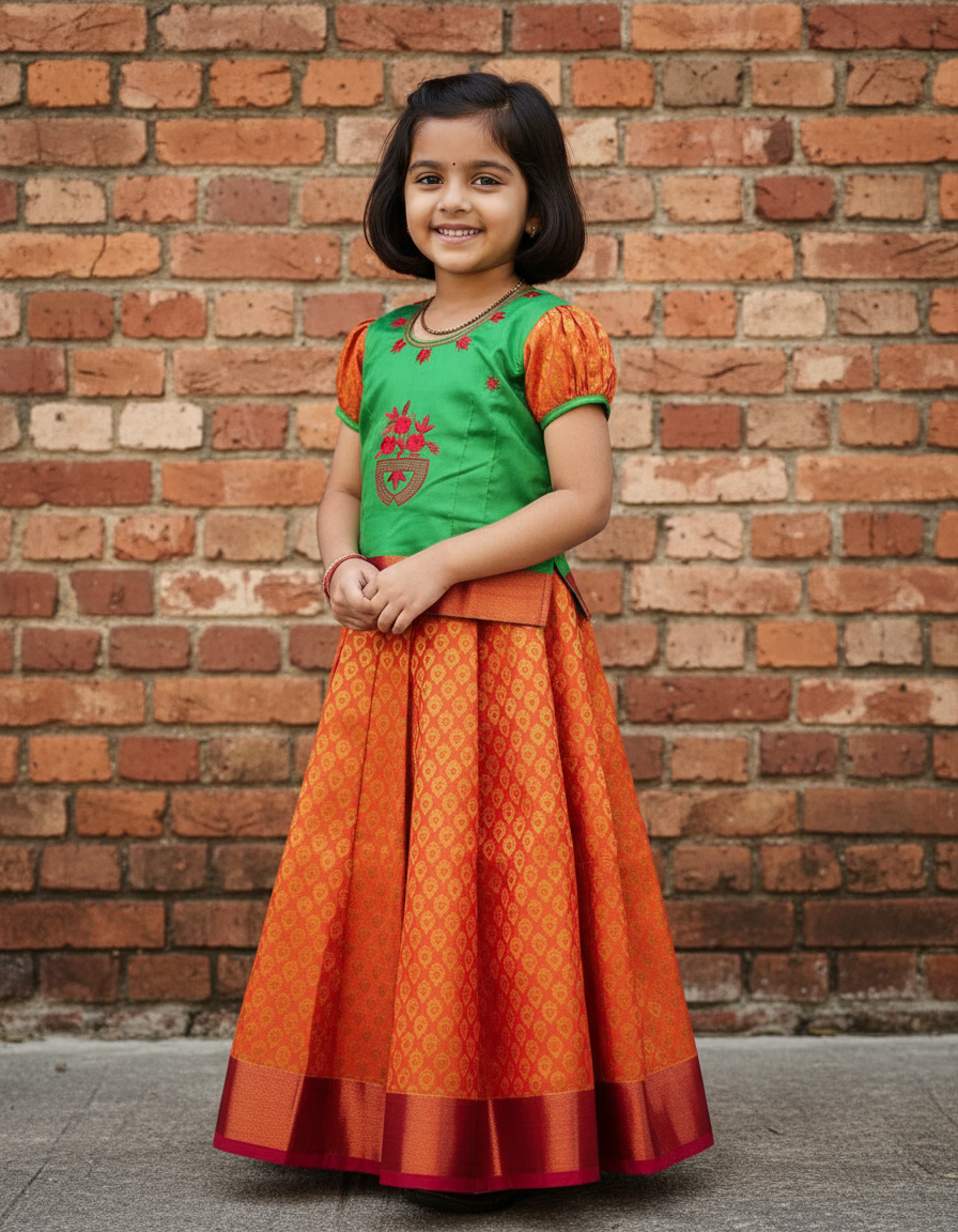 Kids pattu pavadai set with green semi silk top and orange bridal silk skirt by Sri Thulir Tex