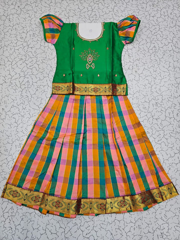 Kids green top with pink teal orange Palum Palam checked skirt pattu pavadai – Sri Thulir Tex
