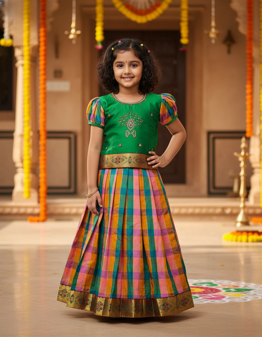 Kids green top with pink teal orange Palum Palam checked skirt pattu pavadai – Sri Thulir Tex