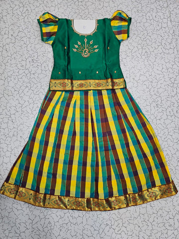 Kids green top with yellow brown teal Palum Palam checked skirt pattu pavadai – Sri Thulir Tex