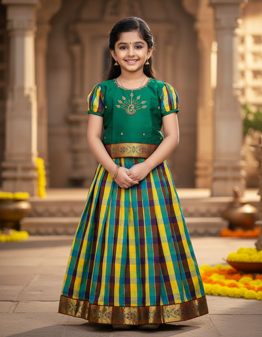 Kids green top with yellow brown teal Palum Palam checked skirt pattu pavadai – Sri Thulir Tex