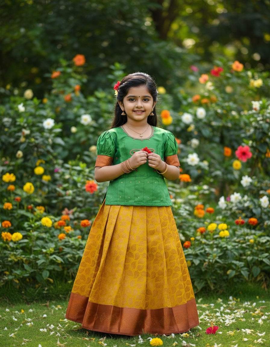 Kids pattu pavadai set with green semi silk top and yellow bridal silk skirt from Sri Thulir Tex