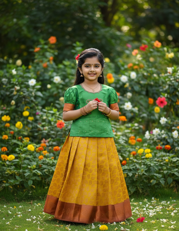 Kids pattu pavadai set with green semi silk top and yellow bridal silk skirt from Sri Thulir Tex