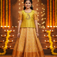 Kids pattu pavadai set with light green semi silk top and gold bridal silk skirt from Sri Thulir Tex