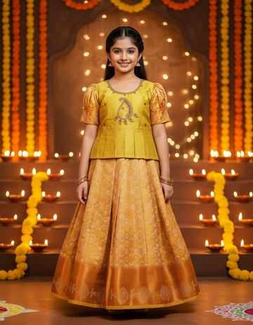 Kids pattu pavadai set with light green semi silk top and gold bridal silk skirt from Sri Thulir Tex