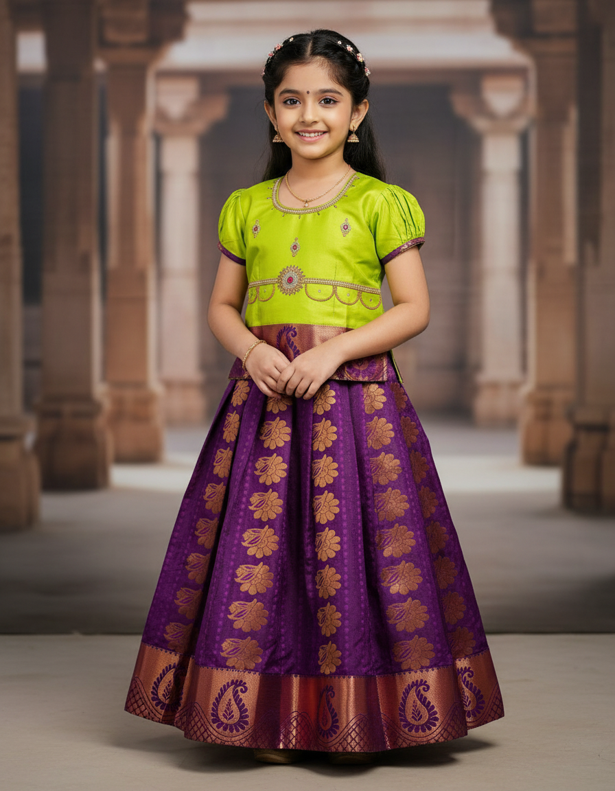 Kids light green top with purple emboss skirt pattu pavadai set – Sri Thulir Tex