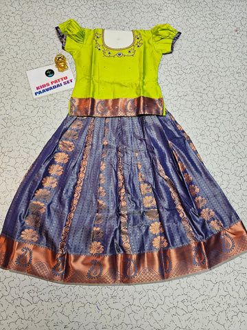 Kids pattu pavadai with lime green semi silk top and navy blue emboss skirt – Sri Thulir Tex traditional dress