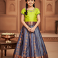 Kids pattu pavadai with lime green semi silk top and navy blue emboss skirt – Sri Thulir Tex traditional dress