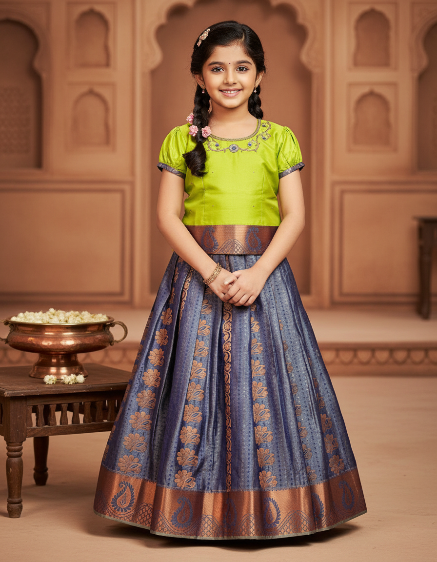 Kids pattu pavadai with lime green semi silk top and navy blue emboss skirt – Sri Thulir Tex traditional dress