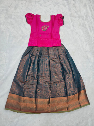 Kids Pattu Pavadai Set – Magenta Pink Semi Silk Top with Dark Teal Bridal Silk Skirt | Sri Thulir Tex