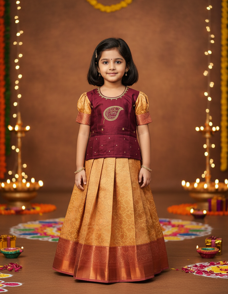 Kids maroon stone work blouse with gold silk pattu pavadai set by Sri Thulir Tex