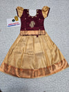 Kids maroon and gold pattu pavadai set with puff sleeve blouse and zari silk skirt from Sri Thulir Tex
