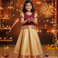 Kids maroon and gold pattu pavadai set with puff sleeve blouse and zari silk skirt from Sri Thulir Tex