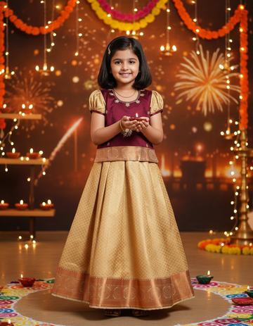 Kids maroon and gold pattu pavadai set with puff sleeve blouse and zari silk skirt from Sri Thulir Tex