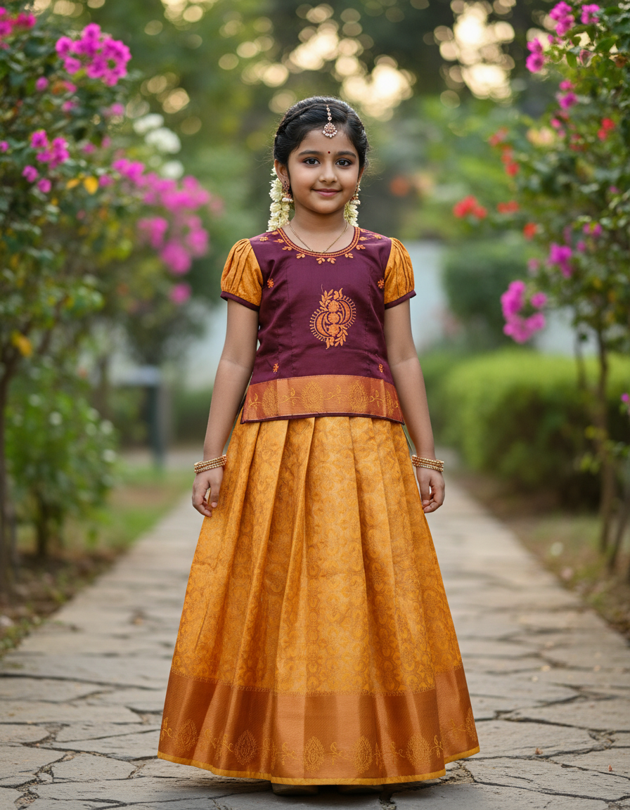 Kids maroon and golden yellow pattu pavadai set with puff sleeves and zari woven silk skirt from Sri Thulir Tex