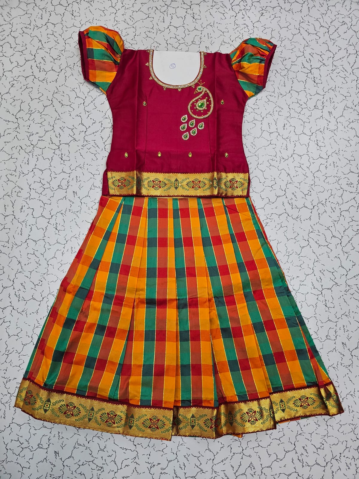 Kids maroon top with orange green yellow Palum Palam checked skirt pattu pavadai – Sri Thulir Tex