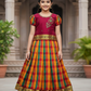 Kids maroon top with orange green yellow Palum Palam checked skirt pattu pavadai – Sri Thulir Tex