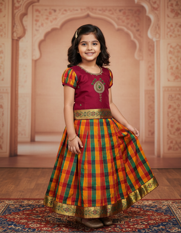 Kids maroon top with orange green yellow Palum Palam checked skirt pattu pavadai – Sri Thulir Tex