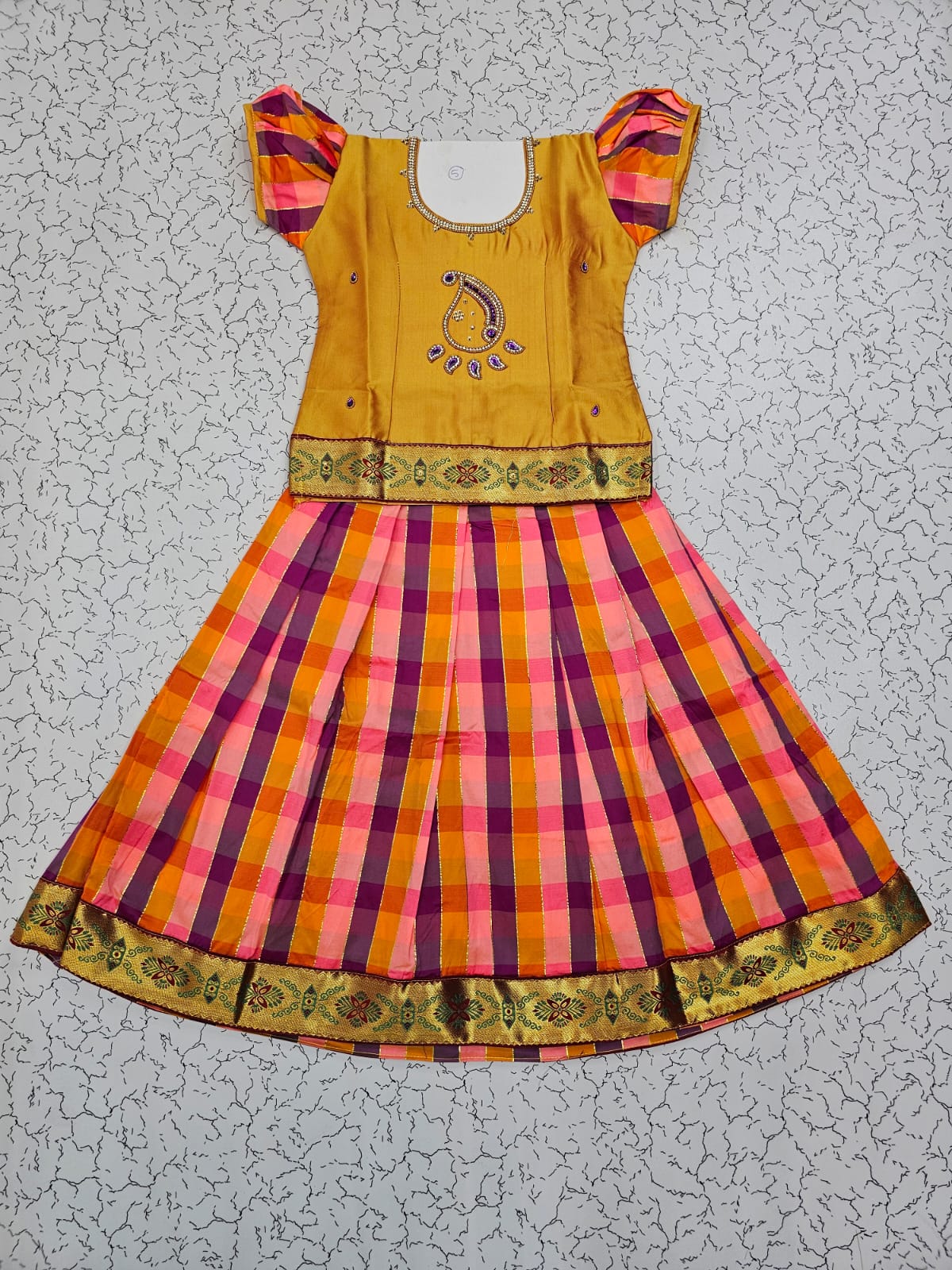 Kids mustard top with pink orange purple checked Palum Palam pattu pavadai set – Sri Thulir Tex