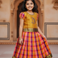 Kids mustard top with pink orange purple checked Palum Palam pattu pavadai set – Sri Thulir Tex