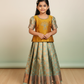 Kids pattu pavadai set with mustard yellow top and aqua bridsl silk skirt from Sri Thulir Tex