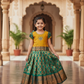 Kids pattu pavadai with mustard semi-silk top and green bridal silk skirt – Sri Thulir Tex traditional wear.
