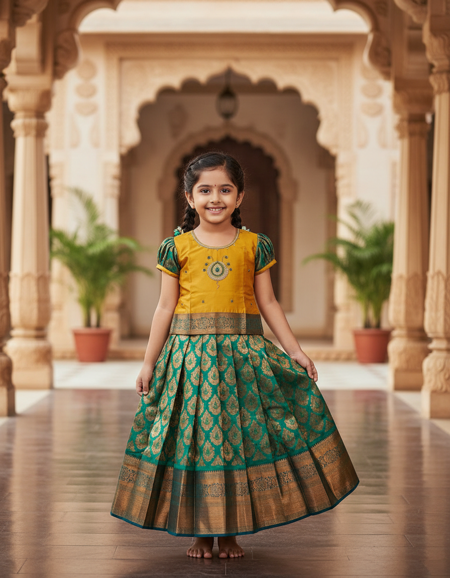 Kids pattu pavadai with mustard semi-silk top and green bridal silk skirt – Sri Thulir Tex traditional wear.